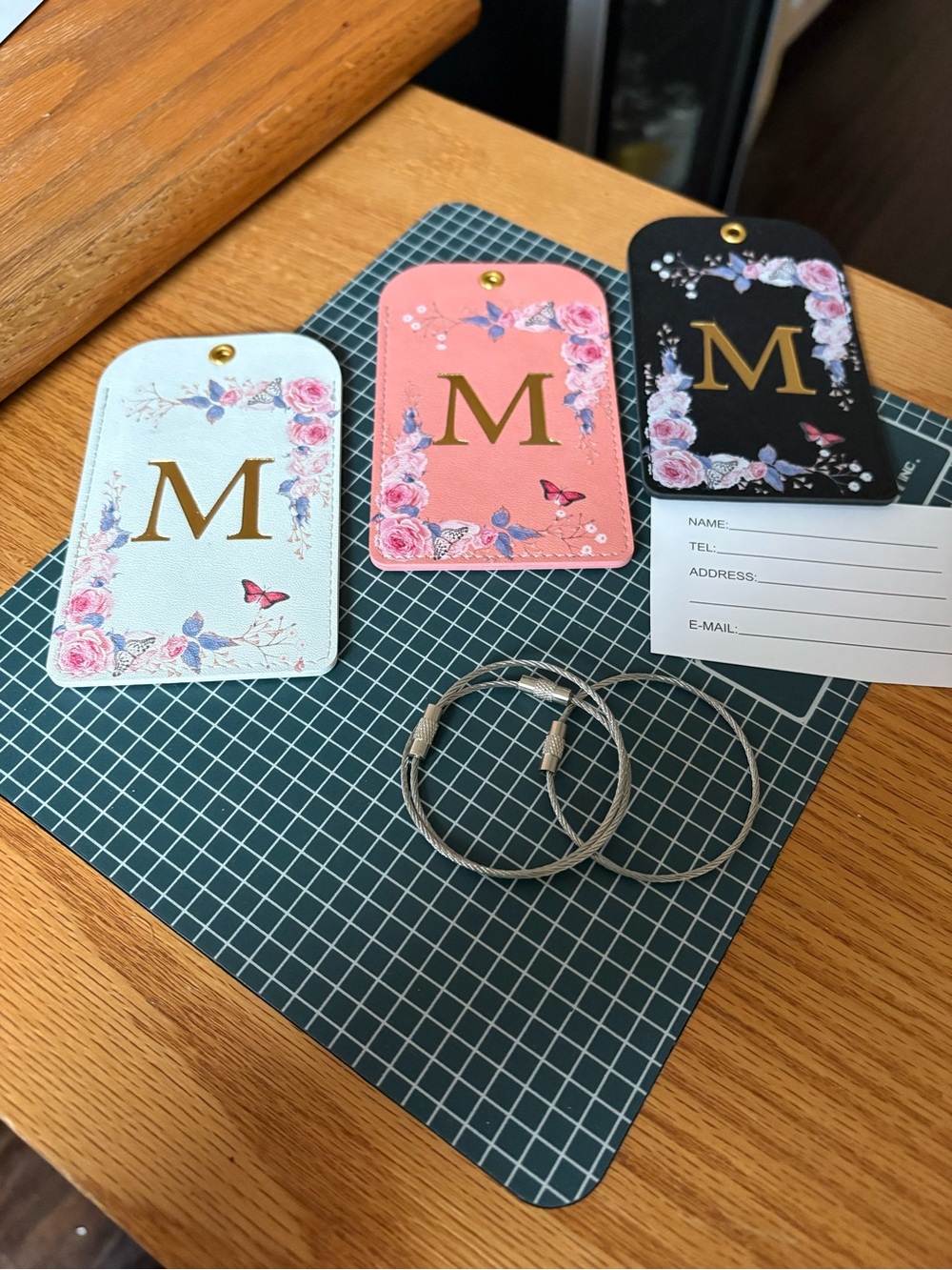 Personalized Initial Pink Luggage Tag with Gold Letter “M”x3. Will sell separate